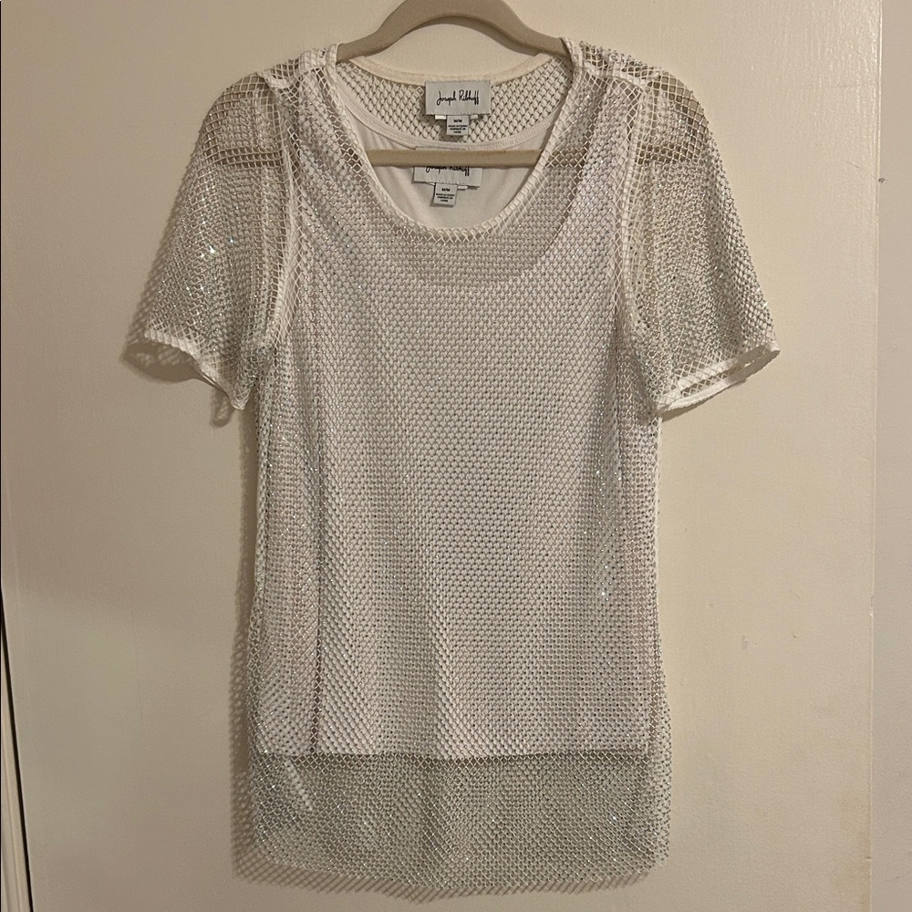 NWOT Joseph Ribkoff Two-Piece Rhinestone Mesh Top in White. Size M
